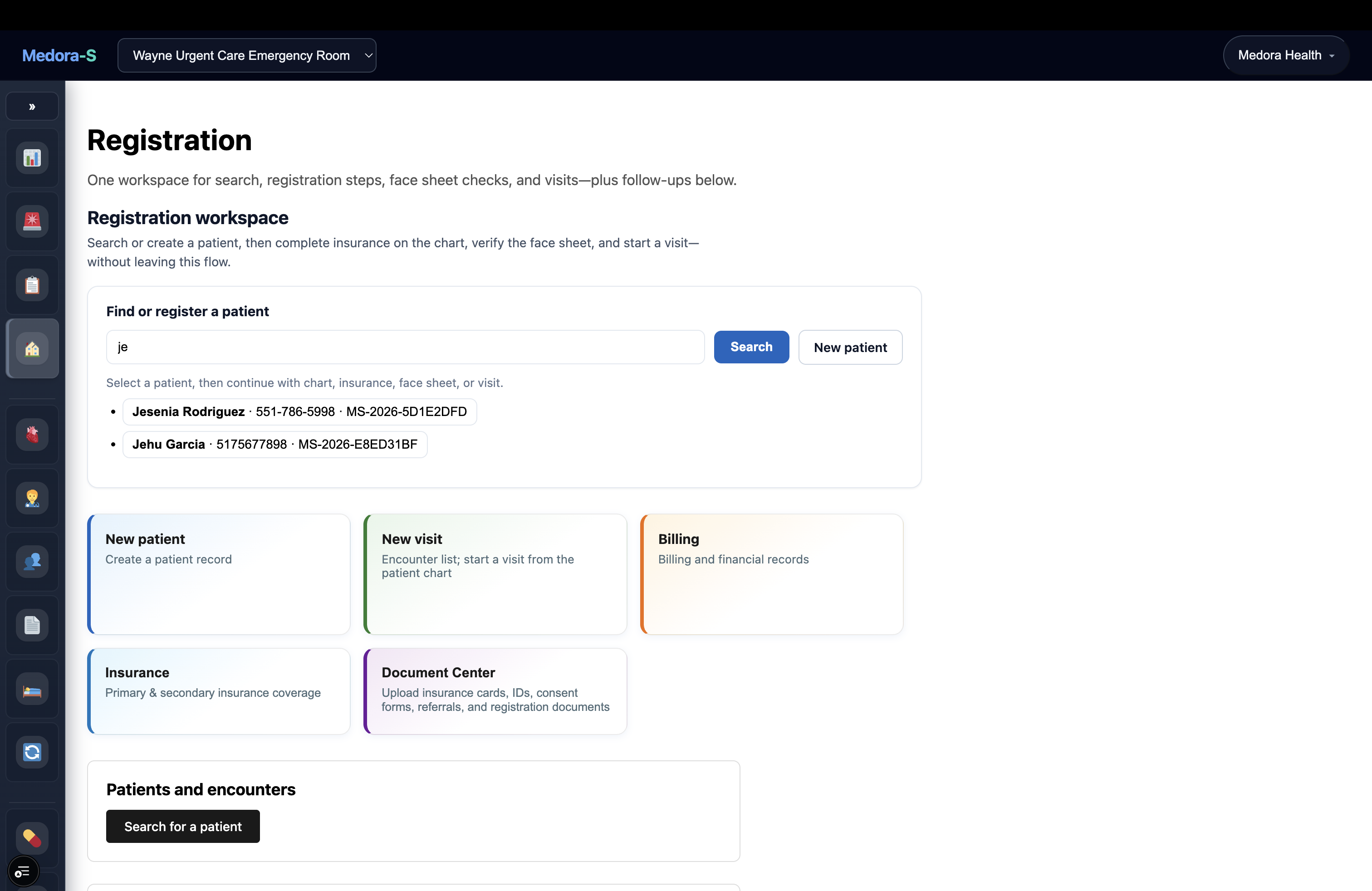 Medora registration workspace for patient search, insurance, face-sheet checks, and starting a visit